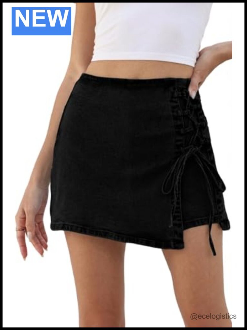 High Waisted Stretch Denim Skort with Lace Up Side Zipper